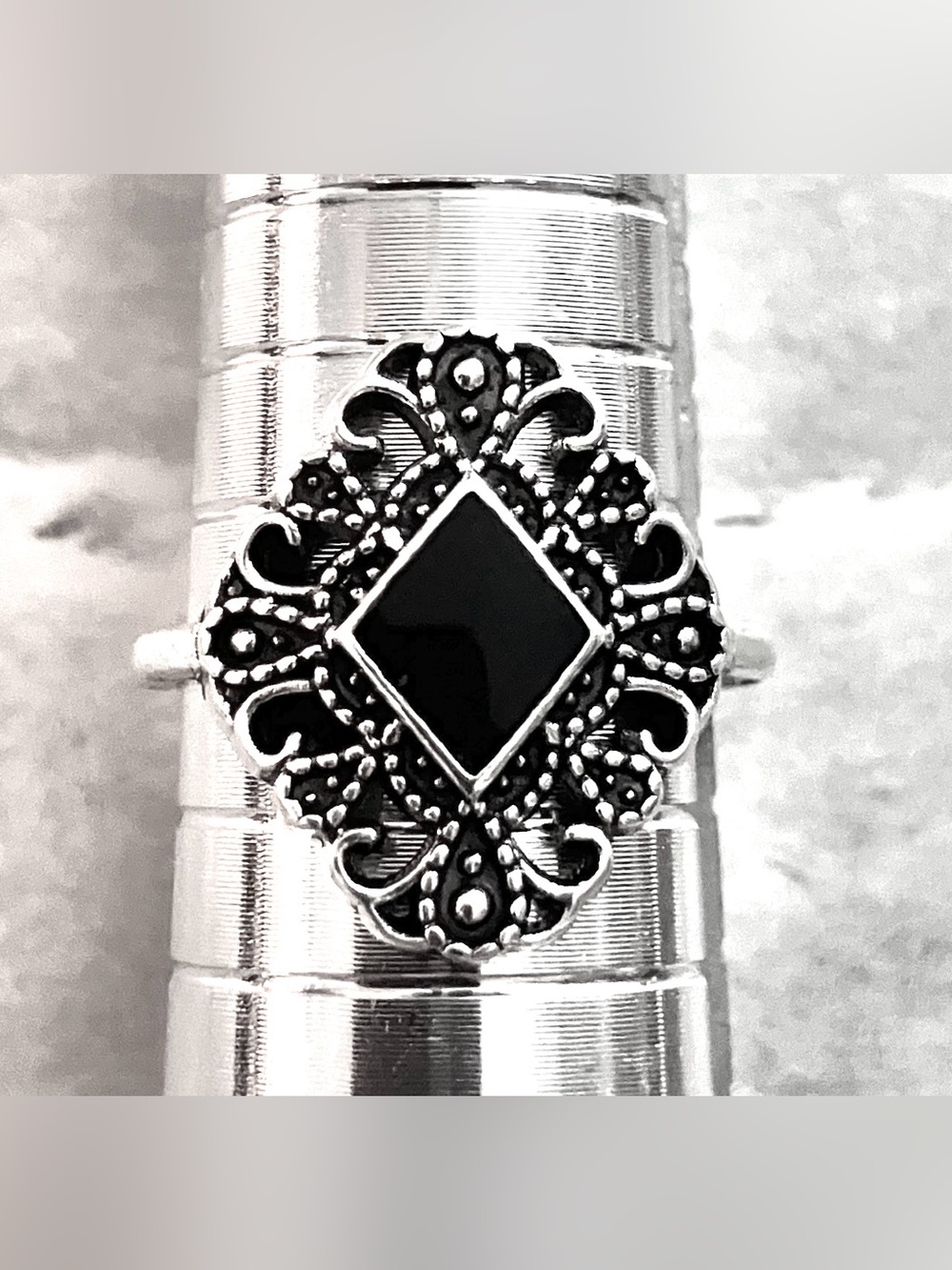 Vintage-Inspired Silver Filigree Ring with Black Onyx Center size 7.5 US